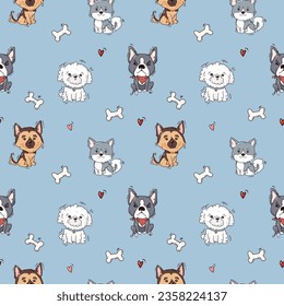 patrón divertido y sin costuras de perros con fondo azul. ilustración vectorial para impresión, decoración, tarjetas