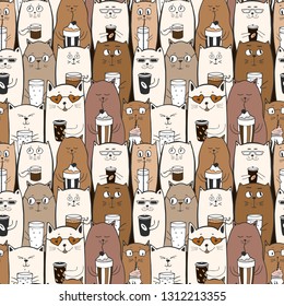 Funny seamless pattern with doodle cute cats, hand drawn crowd of animals with drinks: coffee, water, tea. Vector. 