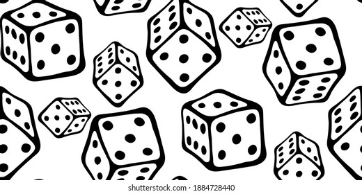 Funny seamless pattern with doodle dice for board game. Flying cubes by black outline isolated on white background. Perfect for game decor of children's playroom, textiles, packaging. Stay home.