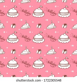 Funny seamless pattern with doodles cakes, gifts, candle and hand drawn word Birthday on pink background. Doodle style vector illustration for baby design. Perfect for textile, wallpaper, wrapper.