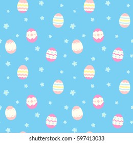 Funny seamless pattern with easter eggs and gentle flowers on bright blue background . Cute ornament for children's textile, easter cards, wrapping, print, web and fabric design.