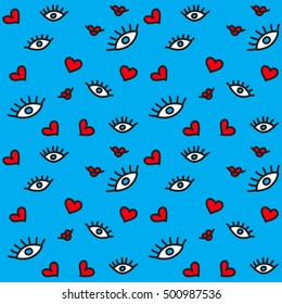 Funny seamless pattern with eyes and hearts. Pattern can be used for wallpaper, greeting cards, scrapbooking, print, gift wrap, manufacturing, fabric.