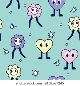 Funny seamless pattern with flowers and hearts. Vector hand drawn illustration.