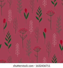 Funny seamless pattern with flowers and plants. Rustic wildflowers wallpaper or background.