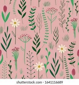 Funny seamless pattern with flowers and plants. Rustic wildflowers wallpaper or background.