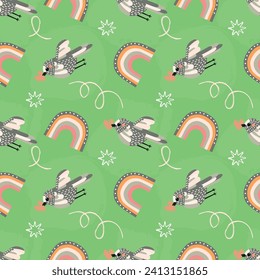 Funny seamless pattern with flying birds and rainbow.Grunge background with animal characters,rough lines and stars.Pink,grey and green colors.Romantic print on fabric and paper.Vector illustration.