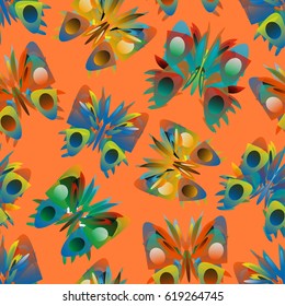 Funny seamless pattern with flying colorful geometrical butterflies on bright orange background.