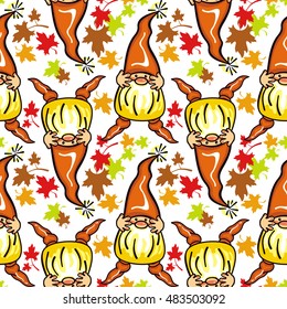 Funny seamless pattern with forest gnomes and maple leaves. Vector clip art.