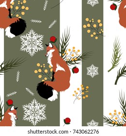Funny seamless pattern with foxes and snowflakes.Colorful vector cute background.Textile texture