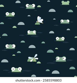 Funny seamless pattern with frogs looking out of the water and hunting dragonflies