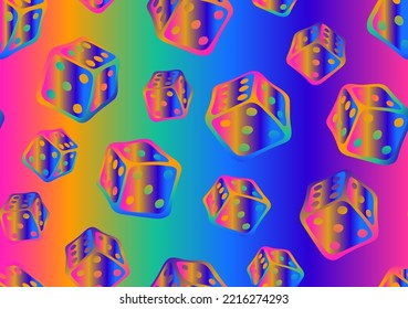 Funny seamless pattern with game cubes in doodle style on bright rainbow background. Perfect for decor of kids playroom, textile, weekend, packaging. Stay home, hobby time.