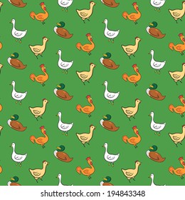 Funny seamless pattern with geese, ducks, cocks, chickens on green background, farm animals seamless pattern