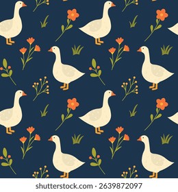 Funny seamless pattern with geese. Summer print with poultry and flowers. Vector pattern with goose, hand drawn.
