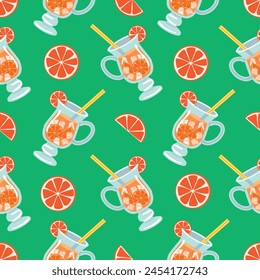 Funny seamless pattern with glass of orange juice.Summer drink with ice and straw.Background  for  printing on fabric and paper.Colorful vector design on green.Can be used for packaging,wallpaper.