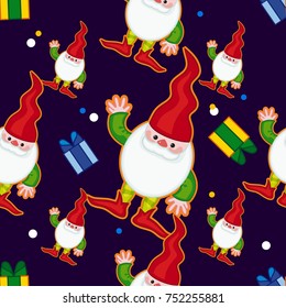 Funny seamless pattern with gnomes in long caps. Vector clip art.