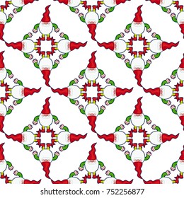 Funny seamless pattern with gnomes in long caps. Vector clip art.