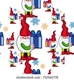 Funny seamless pattern with gnomes in long caps. Vector clip art.