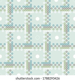 funny seamless pattern in green, blue, brown and white, abstract woven stripes made from little circles, vector lines, inspired by perler beads