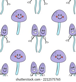 Funny seamless pattern with groovy mushrooms. Childish background with smiling cute cartoon mushroom character with friends