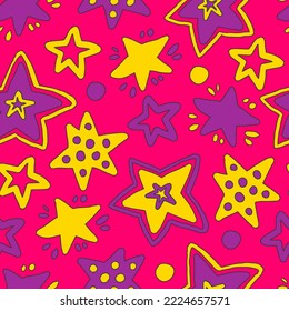 Funny seamless pattern with groovy stars. Festive colorful cartoon style background with hand drawn stars. Bright vector illustration for greeting card, party, birthday, invitation, kids, wrapping