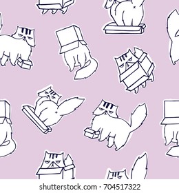 Funny seamless pattern with grumpy and melancholic cat playing with carton box on pink background. Cute hand drawn cartoon character. Vector illustration for backdrop, wrapping paper, fabric print.