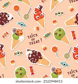 Divertido patrón sin fisuras con dulces de Halloween y helados. Los postres están decorados con arañas, Web, ojos, huesos y cráneos. Fondo de dibujos animados con truco o trato escrito a mano. Ilustración plana de Vector.