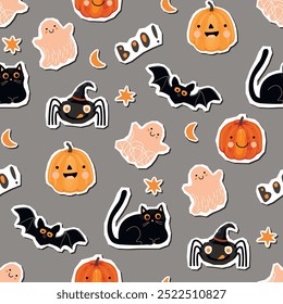 Divertido patrón sin fisuras con personajes de Halloween, estrellas, luna, escrito a mano Boo! Araña, fantasmas, calabazas, gato negro, murciélago. Fondo de dibujos animados para imprimir en tela y papel. Ilustración de color plano de Vector.