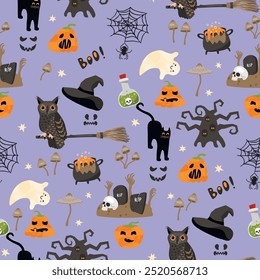 Lustiges, nahtloses Muster mit Halloween-Elementen.Zeichentrickhintergrund mit Eule, Besen, Kürbissen, Hut, Kröten, Hocker, Trank, Geist, Spinne, Grabstein, Gruselbaum, schwarze Katze.Vektorgrafik-Designs Set.Flache Illustration.