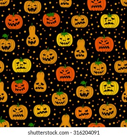 Funny seamless pattern with Halloween pumpkins. Cartoon style. Vector pattern on isolated background. Could be used as print for paper, textile and web.