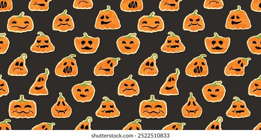 Funny seamless pattern with Halloween pumpkins.Cartoon characters with scary faces on grey background.Vector designs with textures.Print on fabric and paper.Endless wallpaper,textile,packaging.