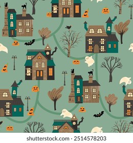 Funny seamless pattern with Halloween village.Cartoon background with haunted houses,pumpkins,black cats,crow,trees,bat and cute ghosts.Colorful vector design for printing on fabric and paper,textile.