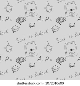 Funny seamless pattern in hand drawn style with cartoon school supplies and creative elements. Back to school vector white background with inscriptions, bells, hats, bag pacs and glasses