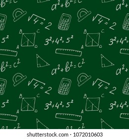 Funny seamless pattern in hand drawn style with cartoon school supplies and creative elements. Back to school vector green background with formulas, rulers, calculators, geometric figures.