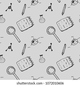 Funny seamless pattern in hand drawn style with cartoon school supplies and creative elements. Back to school vector white background with pencil, magnifier, notebook, flask.
