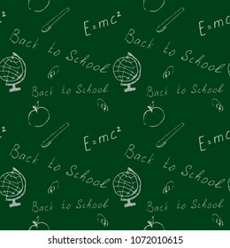 Funny seamless pattern in hand drawn style with cartoon school supplies and creative elements. Vector green background with globe, pen, apple and inscription Back to school