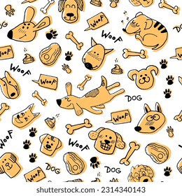 Funny nahtloses Muster mit handgezeichneten Doodle-Hunden, Pfotendrucken und Knochen. Vektortierzeichen auf weißem Hintergrund. Cute Oberflächengestaltung für Gewebe, Stoffdesign, Umhüllungspapier