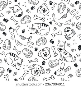 Gracioso patrón sin fisuras con perros de garabatos dibujados a mano, huellas de garras y huesos. Carácter de animal vector en blanco y negro. Diseño de superficie lisa para textil, fondo, papel de pared