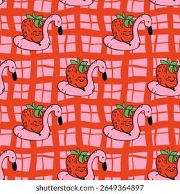 Funny seamless pattern with hand drawn strawberries relaxing on pink flamingo pool floats over a red grid background. This design represents summer leisure and playful tropical vibes.