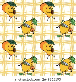 Funny seamless pattern with hand drawn lemons in diving masks and mangoes drinking juice on a yellow grid background. This design represents summer fun and playful fruit characters