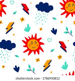 Funny seamless pattern with happy sun, cloud, rain and lightning. Different weather illustration. Cool bright texture for fabric, wallpaper, background, gift paper and covers for children's books.