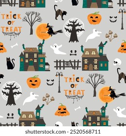 Funny seamless pattern with haunted houses and halloween elements.Scary trees, witch on a broom, ghost, black cat, fence, pumpkins,toadstools, skull, lantern,handwritten.Vector flat color illustration