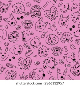 Funny seamless pattern with the heads of dogs of different breeds. Sketch in the style of doodles on a pink background. Vector.