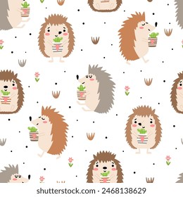 Funny seamless pattern with hedgehog holding a pot of cactus and flowers on a white background. Hand drawn vector illustration. Perfect for wallpaper, gift paper, fabric