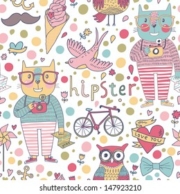 Funny seamless pattern with hipster cats, cameras, glasses, swallow, ice cream, mustache, bicycle, owl. Travel vacation vector texture.