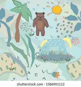 Funny Seamless Pattern with horse and bear. Creative Design. Vector Illustration.