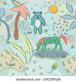 Funny Seamless Pattern with horse and bear. Creative Design. Vector Illustration.
