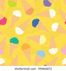  Funny seamless pattern with ice cream. Yellow background with colorful  ice cream and doodle outline. Vector illustration.