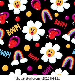 Funny seamless pattern with the image of daisies, rainbow, lips, bubbles and the lettering "boop". Design for paper, textile and decor. Vector illustration.