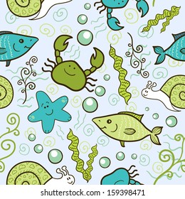Funny seamless pattern with  the inhabitants of the underwater world