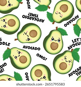 Funny seamless pattern with kawaii avocados and playful phrases like Avocado Time” and Let’s Avocuddle. Ideal for wrapping paper, fabric, kids' projects, or digital backgrounds.